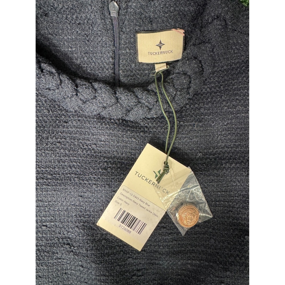 Tuckernuck‎ Navy Blue Tweed Jackie Dress Short Sleeve Gold Button Pockets Size S - Picture 3 of 4